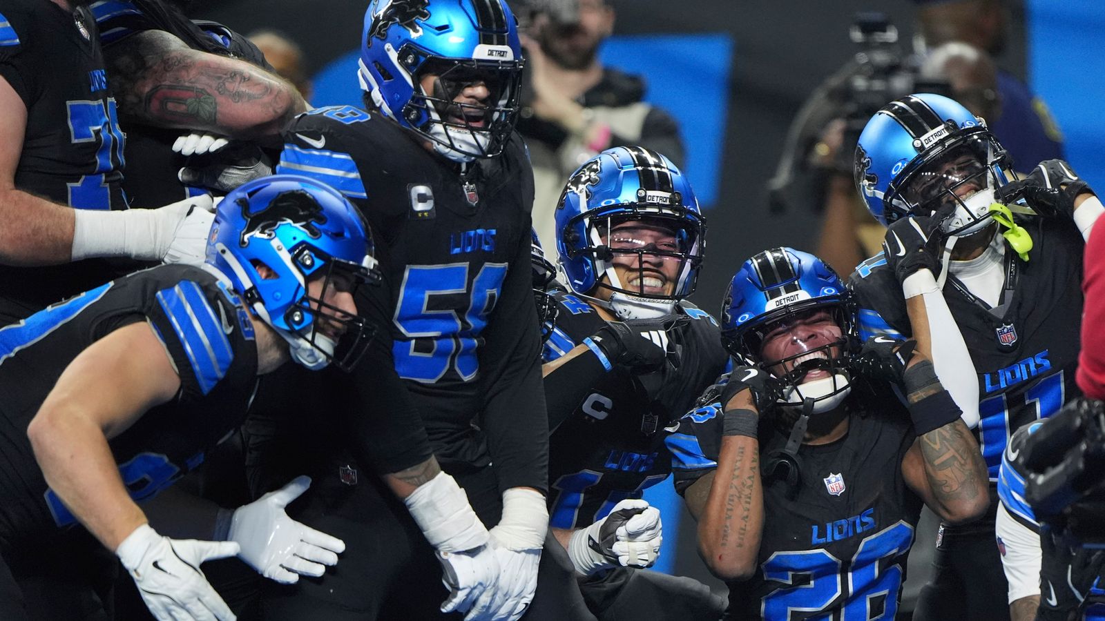 Detroit Lions running back Jahmyr Gibbs celebrates with team-mates after he ran for a touchdown against the Minnesota Vikings (Associated Press)