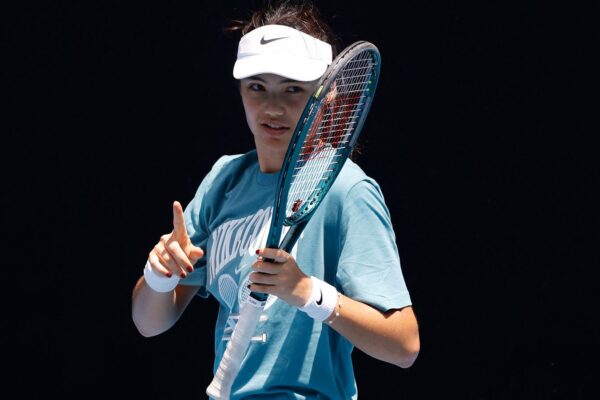 Emma Raducanu of Great Britain gestures during a practice session ahead of the 2025 Australian Open at Melbourne Park on January 10, 2025 in Melbourne, Australia. (Photo by Daniel Pockett/Getty Images)