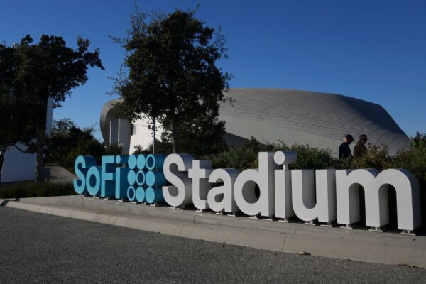 An exterior view of SoFi Stadium before an NFL football game between the Los Angeles Chargers and the Cincinnati Bengals, Sunday, Nov. 17, 2024, in Inglewood, Calif. (AP Photo/Eric Thayer)