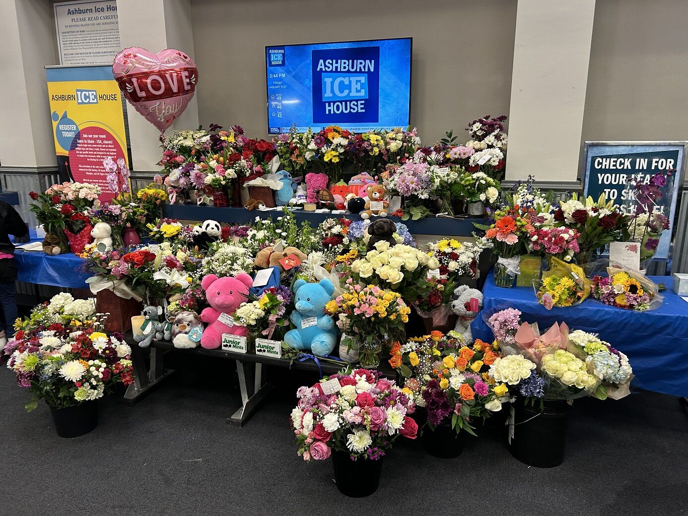 Flowers and stuffed animals
