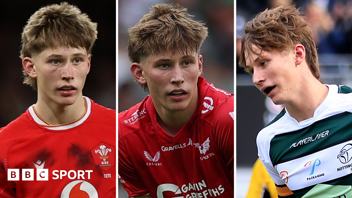 Ellis Mee playing for Wales (left), for Scarlets (centre) and Nottingham (right)