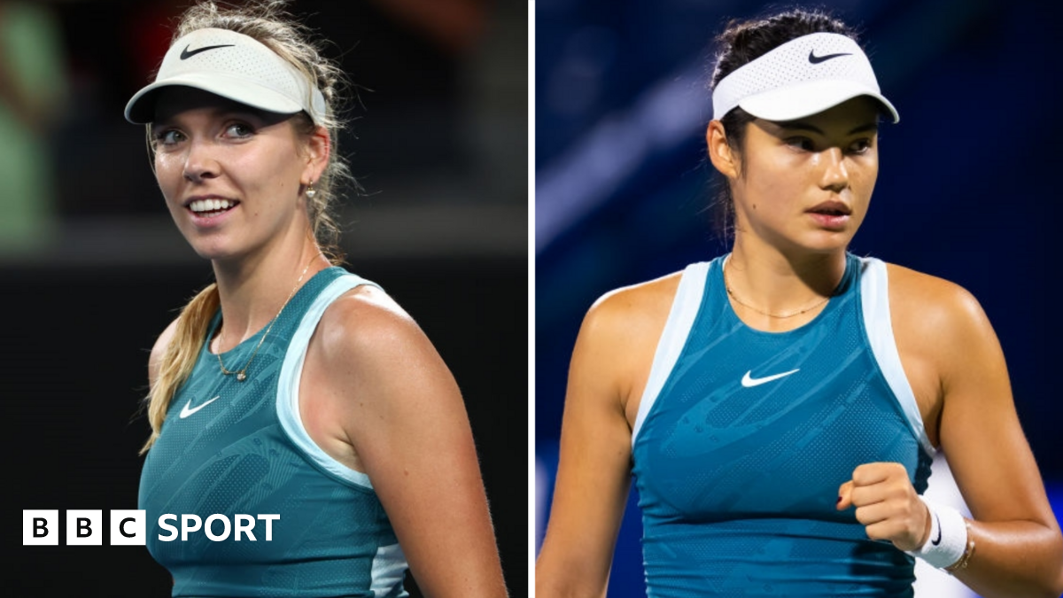 Katie Boulter smiles and Emma Raducanu holds up her fist