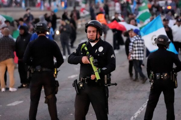 Police stand during an immigrant rights protest Monday, Feb. 3, 2025, in Los Angeles. (AP Photo/Damian Dovarganes)