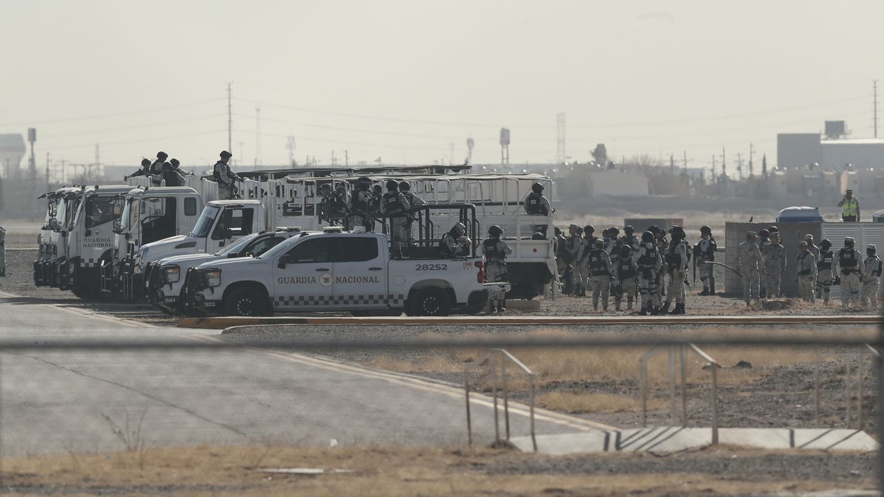 Mexican National Guards arrive to Ciudad Juarez, Mexico, Tuesday, Feb. 4, 2025, to reinforce the country's border with the United States. (AP Photo/Christian Chavez)