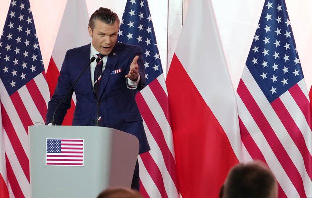 U.S. Defense Secretary Pete Hegseth during a press conference at the Polish Ministry of Defense headquarters in Warsaw