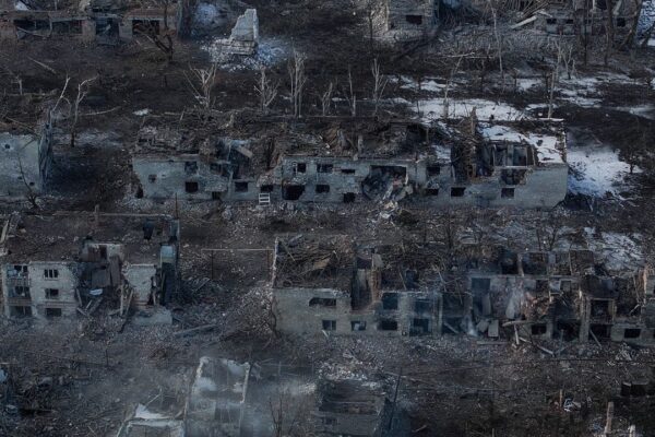 In this photo provided by Ukraine's 93rd Mechanized Brigade press service, an aerial view shows the partially occupied ruined town of Toretsk, the site of heavy battles with the Russian troops in the Donetsk region, Ukraine, Saturday, Feb. 22, 2025. (Iryna Rybakova/Ukraine's 93rd Mechanized Brigade via AP)