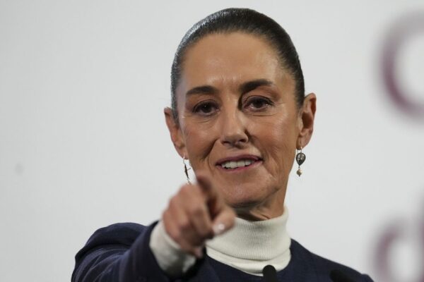 Mexican President Claudia Sheinbaum gives her morning news conference at the national palace in Mexico City, Monday, Feb. 3, 2025. (AP Photo/Marco Ugarte)