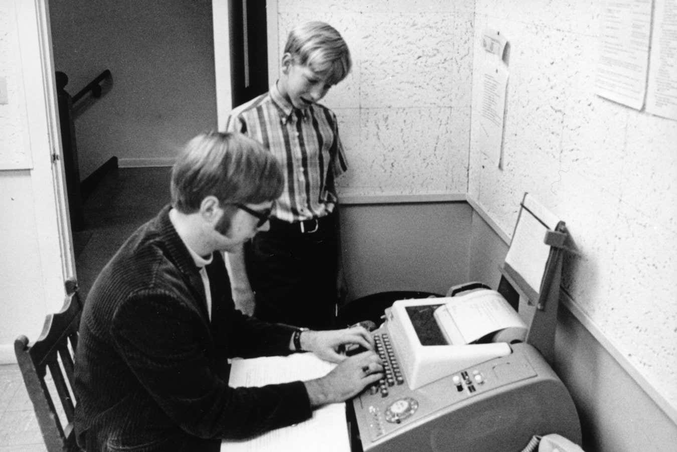 Bill & Paul Allen at teletype machine, Lakeside yearbook photo (1969-1970)