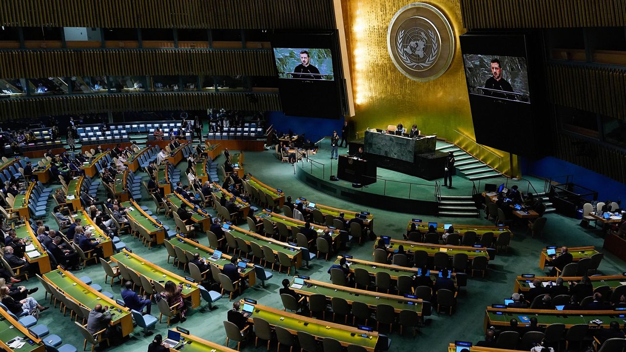 Ukraine's President Volodymyr Zelenskyy addresses the 79th session of the United Nations General Assembly, Sept. 25, 2024, at UN headquarters. (AP Photo/Julia Demaree Nikhinson, File)
