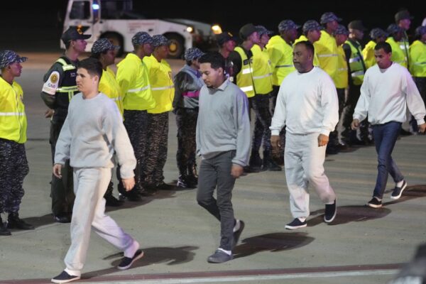 Venezuelan migrants deported from the United States arrive at Simon Bolivar International Airport in Maiquetia, Venezuela, Monday, Feb. 10, 2025. (AP Photo/Ariana Cubillos)