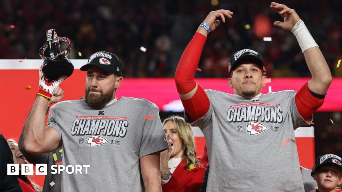 Travis Kelce and Patrick Mahomes celebrate the Chief's Super Bowl win in 2024