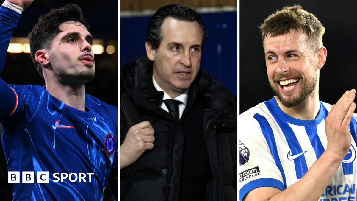 Chelsea forward Pedro Neto (left), Aston Villa manager Unai Emery (centre) and Brighton defender Adam Webster (right)