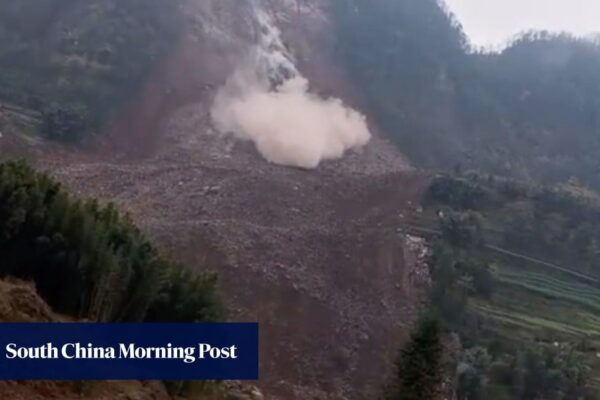 Emergency workers search the site of a landslide in Jinping, Sichuan province, on Saturday. Photo: Weibo