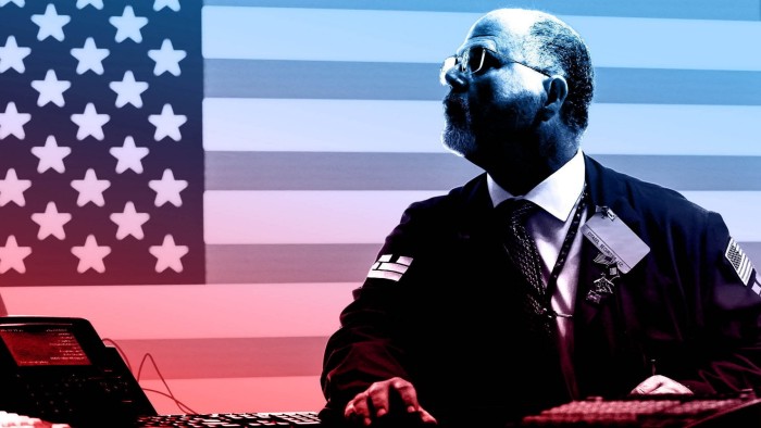 A montage of a trader at the New York Stock Exchange with an American flag in the background