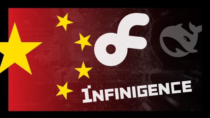 Montage of Silicon Flow, Infinigence AI and Deepseek logos with stars from China’s flag and AI background