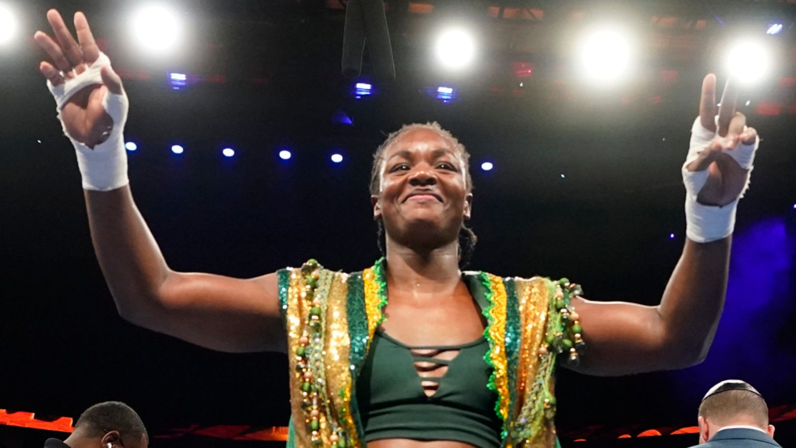 Claressa Shields acknowledges the fans after defeating Maricela Cornejo by decision in a middleweight boxing bout Saturday, June 3, 2023, in Detroit. (AP Photo/Carlos Osorio)