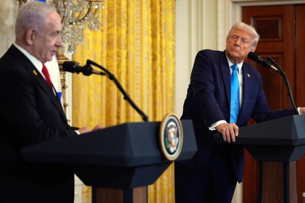 President Donald Trump and Israel's Prime Minister Benjamin Netanyahu speak during a news conference in the East Room of the White House, Tuesday, Feb. 4, 2025, in Washington. (AP Photo/Evan Vucci)