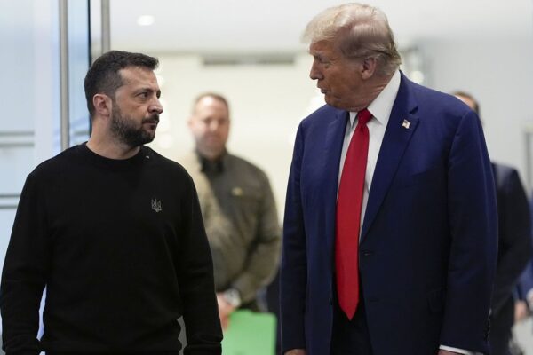 Republican presidential nominee former President Donald Trump meets with Ukraine's President Volodymyr Zelenskyy at Trump Tower, Friday, Sept. 27, 2024, in New York. (AP Photo/Julia Demaree Nikhinson)