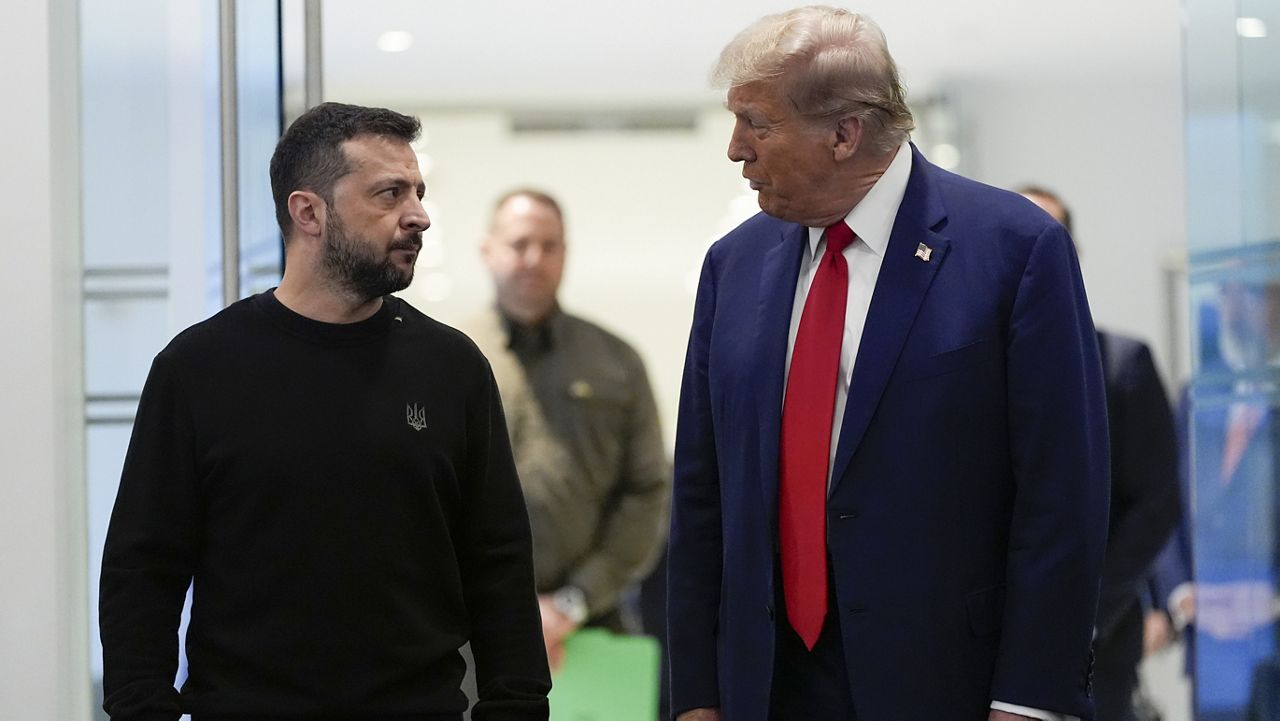 Republican presidential nominee former President Donald Trump meets with Ukraine's President Volodymyr Zelenskyy at Trump Tower, Friday, Sept. 27, 2024, in New York. (AP Photo/Julia Demaree Nikhinson)