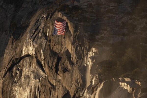 Upside-down U.S flag hung at Yosemite National Park by workers protesting job cuts