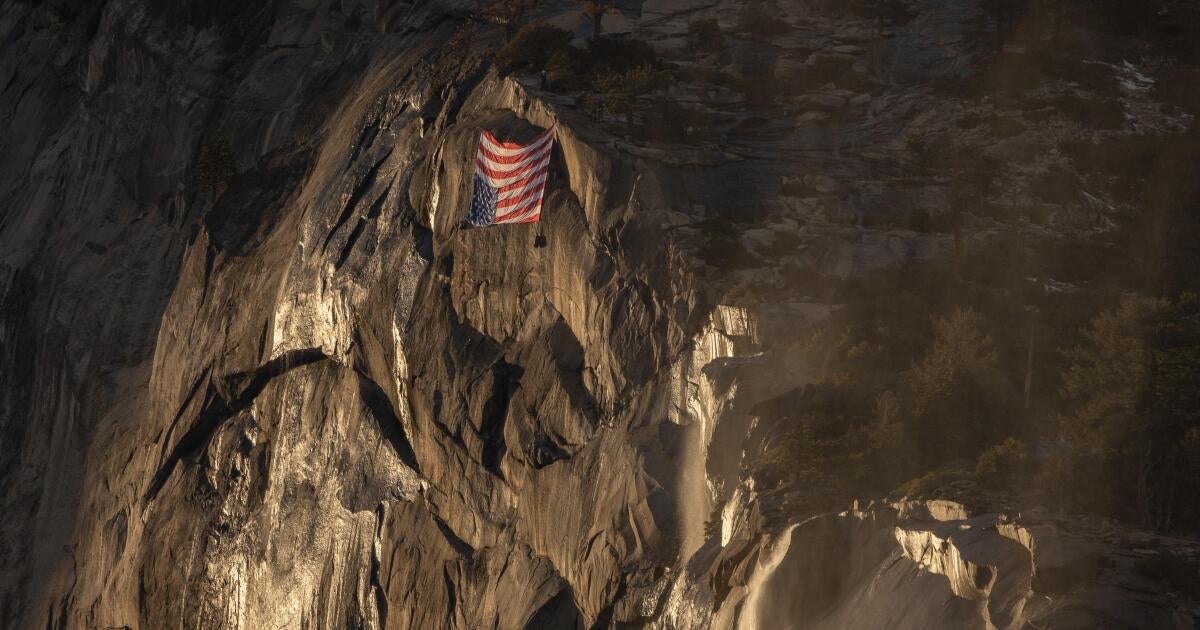 Upside-down U.S flag hung at Yosemite National Park by workers protesting job cuts