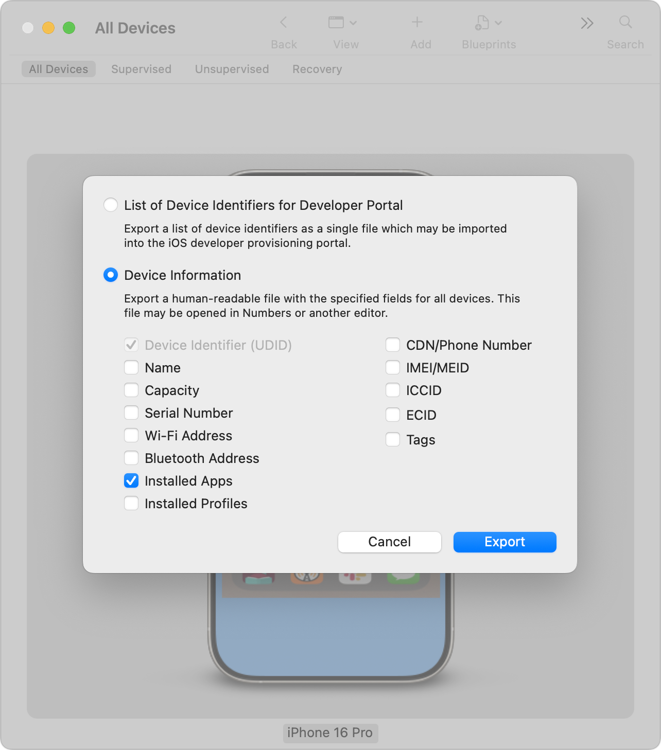 Export installed apps using Apple Configurator