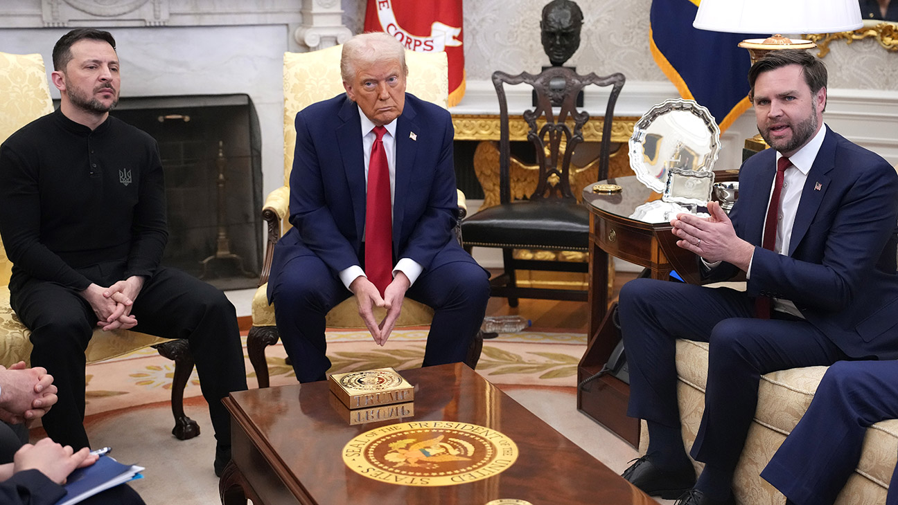 U.S. President Donald Trump (C) and Vice President JD Vance meet with Ukrainian President Volodymyr Zelensky in the Oval Office at the White House on February 28, 2025 in Washington, DC.