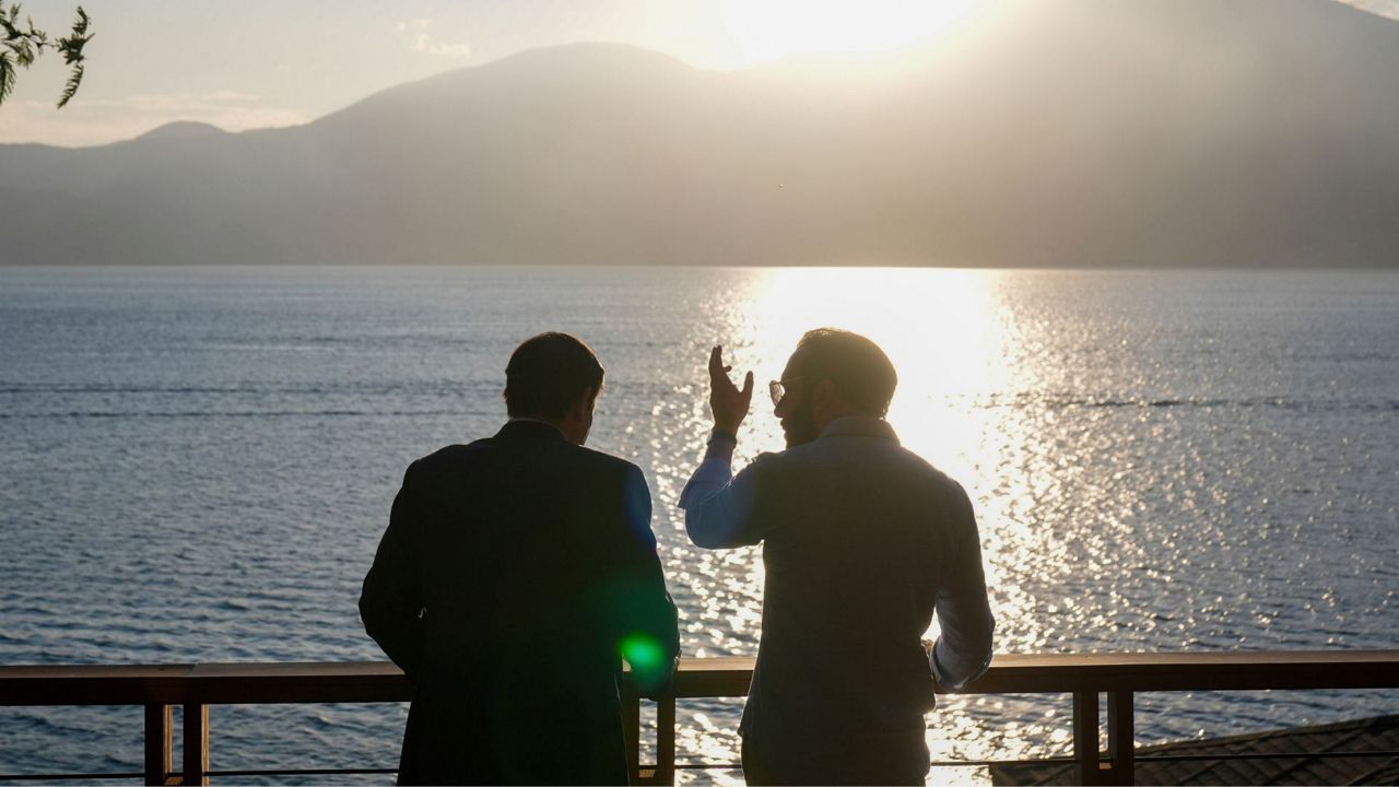 U.S. Secretary of State Marco Rubio, left, meets with President Nayib Bukele at his residence at Lake Coatepeque, El Salvador, Feb. 3, 2025. (AP Photo/Mark Schiefelbein, File)