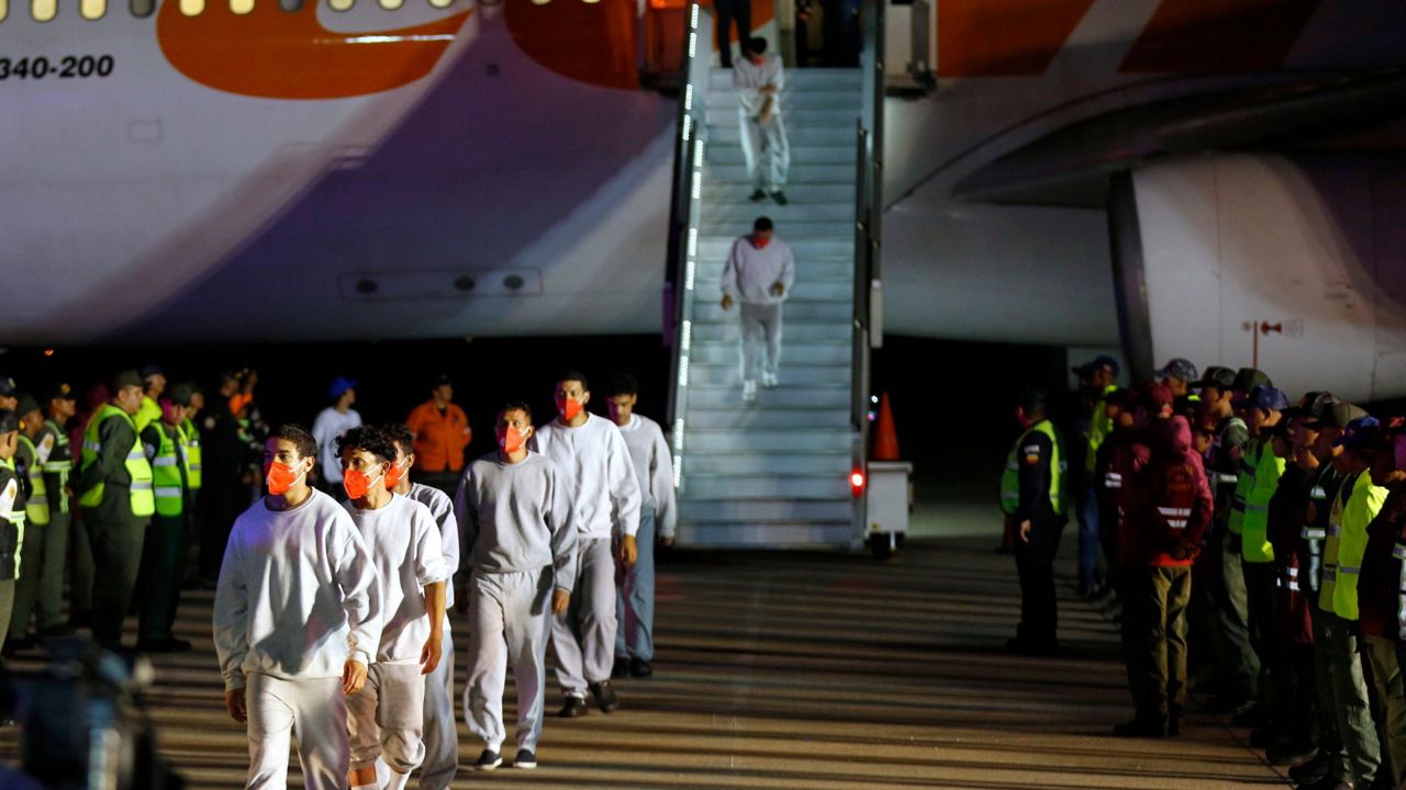 Venezuelan migrants deported from the United States deplane at the Simon Bolivar International Airport in Maiquetia, Venezuela, Feb. 20, 2025. (AP Photo/Cristian Hernandez, File)