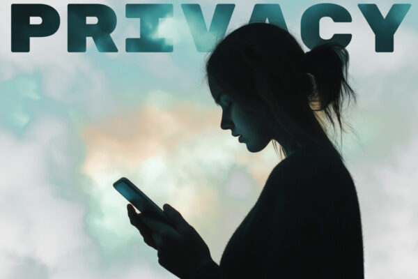 Silhouette of a woman looking at a smartphone with dark clouds behind her and the word