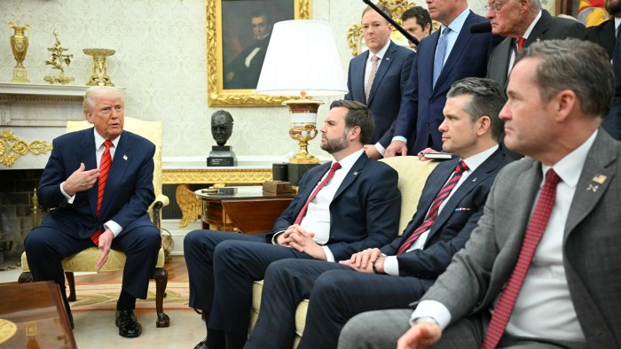 US President Donald Trump with vice-president JD Vance, defence secretary Pete Hegseth and national security advisor Mike Waltz, and standing, special envoy to Ukraine and Russia, Keith Kellog, and Nato ambassador nominee, Matthew Whitaker