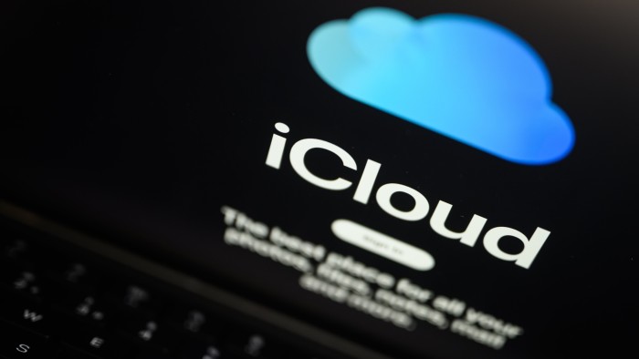 The log-in screen for Apple’s iCloud online storage platform is displayed on a laptop screen