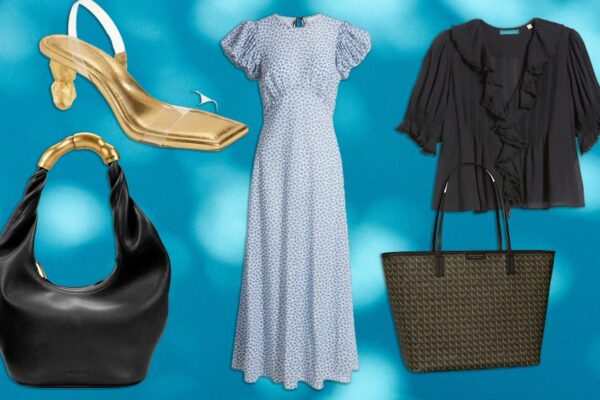five selections of clothing, bags, and shoes found at nordstrom, overlaid on a blue and white blurry background