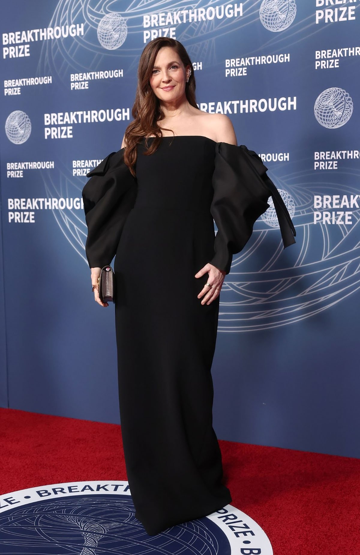 Drew Barrymore Carolina Herrera off-the-shoulder black dress 2025 Breakthrough Prize Ceremony