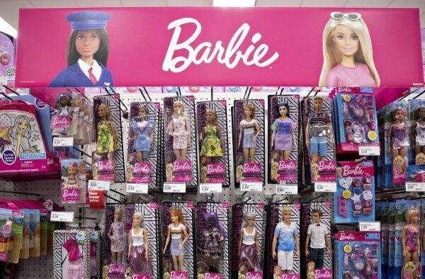 Barbie brand dolls hang on display at a Target store in Chicago