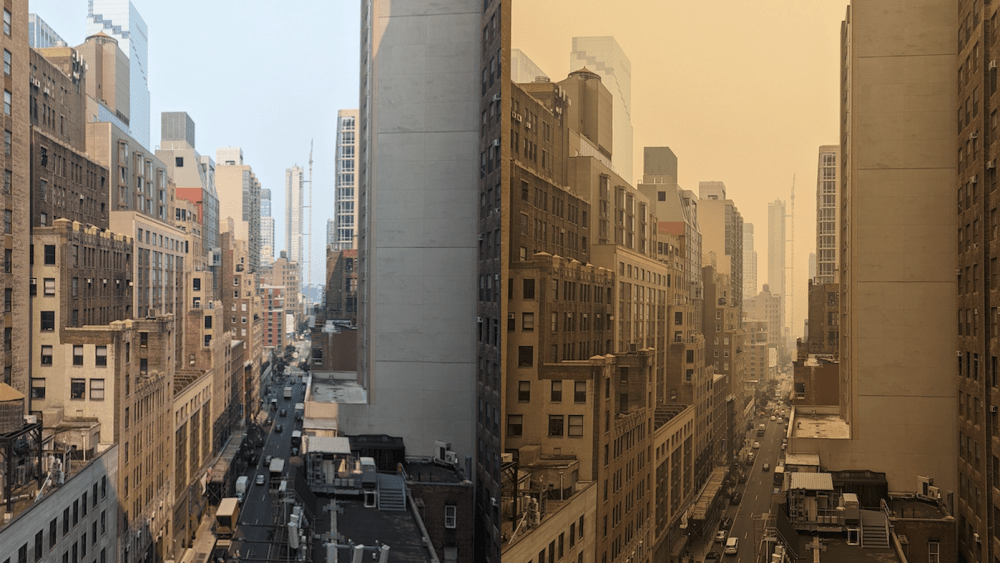 Photos of New York City in haze, as seen in the Garment District at manufacturer Wing & Weft Gloves. Left to right: images taken on Wed. June 7 at 9:30 a.m. and 1:15 p.m.