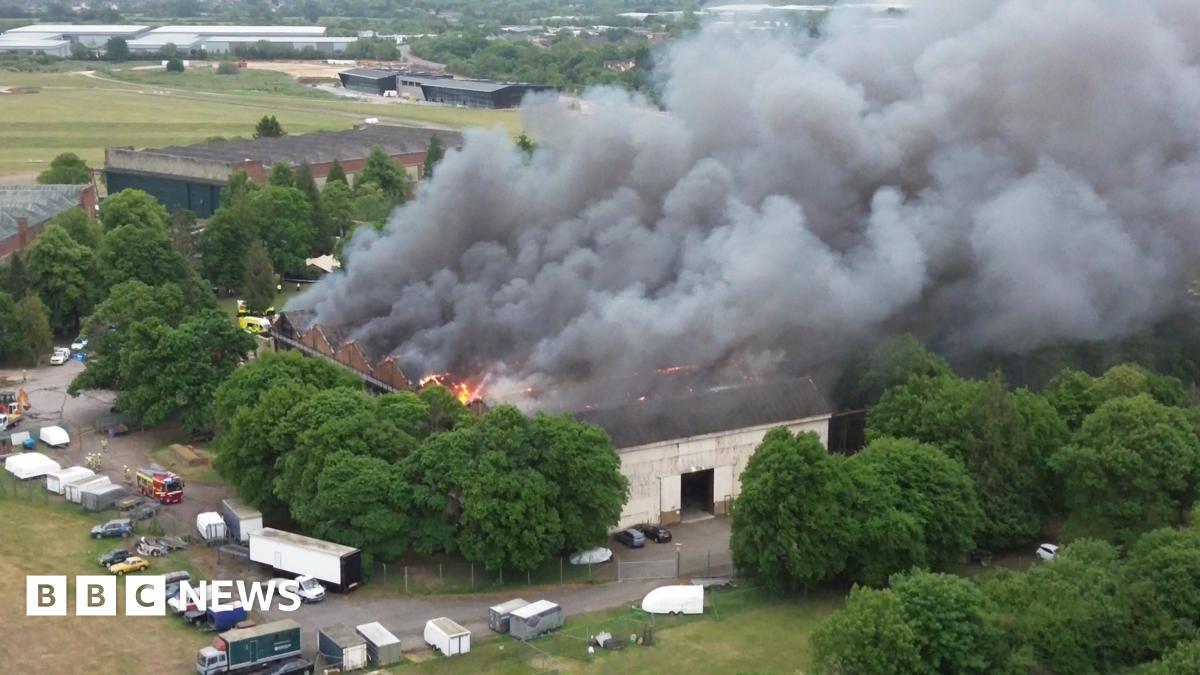 The hangar at Bicester motion with its roof totally destroyed.