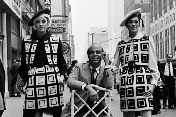 Designer Donald Brooks with models in his Spring 1968 ready to wear advance in New York City. 