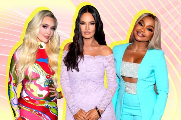 Erika Jayne, Lisa Barlow and Phaedra parks on a pink and yellow swirl background