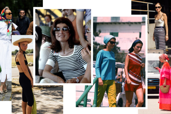 a collage of beach outfits on Jackie Kennedy and women at fashion week
