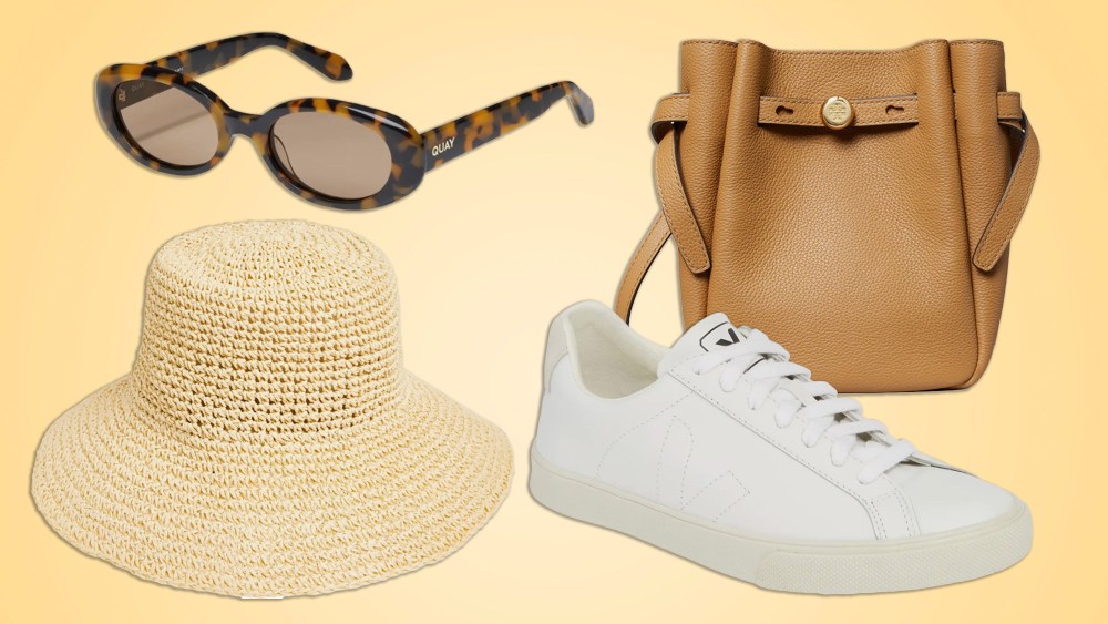 four products from nordstrom over a yellow background, ranging from sunglasses to white sneakers