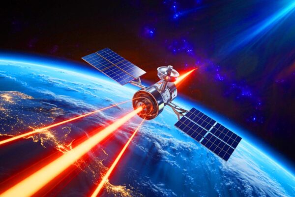 Illustration of a satellite beaming solar energy to Earth from space. Image generated by AI.