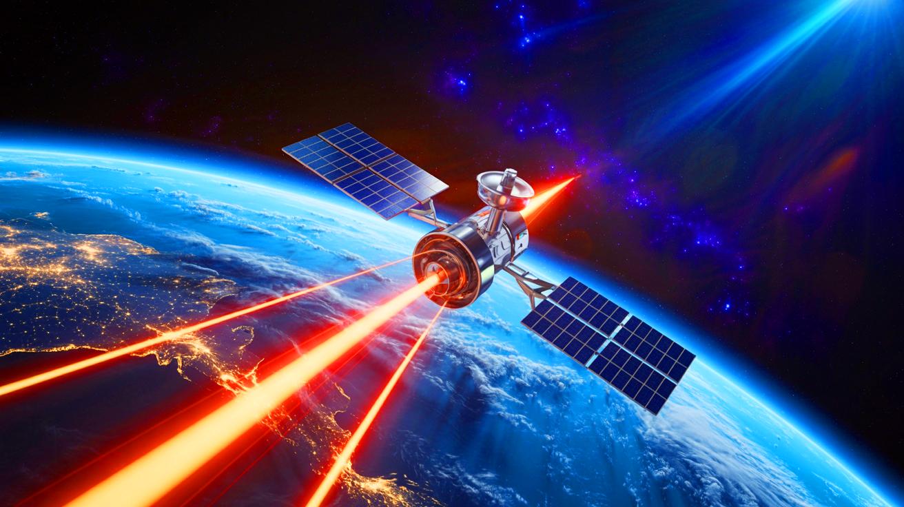 Illustration of a satellite beaming solar energy to Earth from space. Image generated by AI.