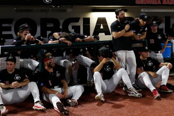 George players react after losing Game 3 of the Super NCAA Regional against NC State at Foley Field on Monday, June 10, 2024 in Athens, Ga. NC State won 8-5.