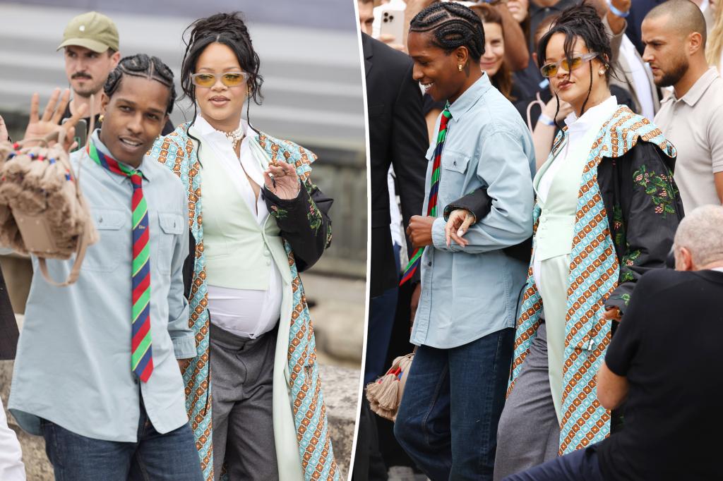 Pregnant Rihanna and A$AP Rocky coordinate outfits at Dior Homme fashion show in Paris