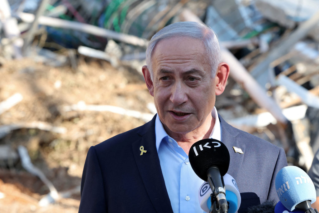 Israel's Prime Minister Benjamin Netanyahu gives a statement during a visit to the site of the Weizmann Institute of Scien...