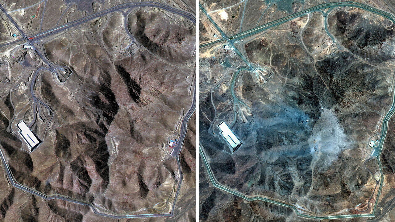 Combo picture shows satellite images over Fordow underground complex, before and after the U.S. struck the underground nuclear facility
