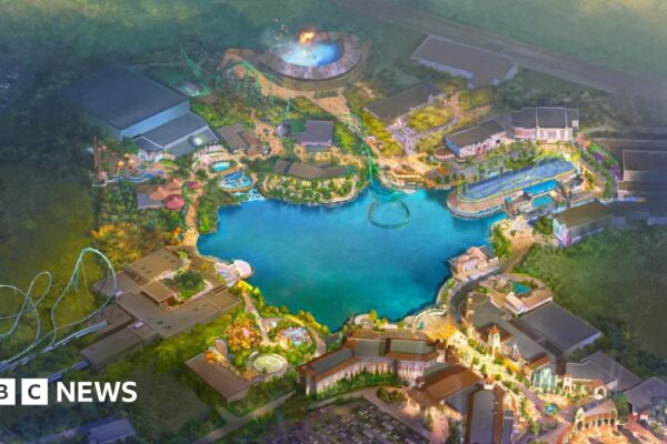 An artist's impression of the new Universal Studios theme park has a large body of water in the middle with various rides and lands around the edge.