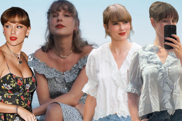 a collage of editor Halie LeSavage and Taylor Swift wearing the same D&ocirc;en pieces
