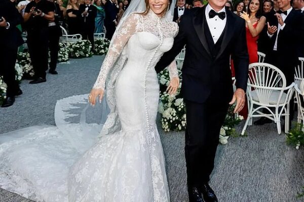 The backlash to the Bezos wedding has begun - as Lauren (pictured) has been accused of 'ripping off' royal wedding dresses